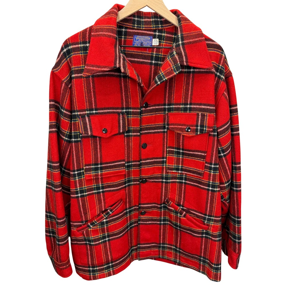 VTG 60s/70s Pendleton Mackinaw Cruiser Wool Jacket Mens Size XL Red Tartan Plaid